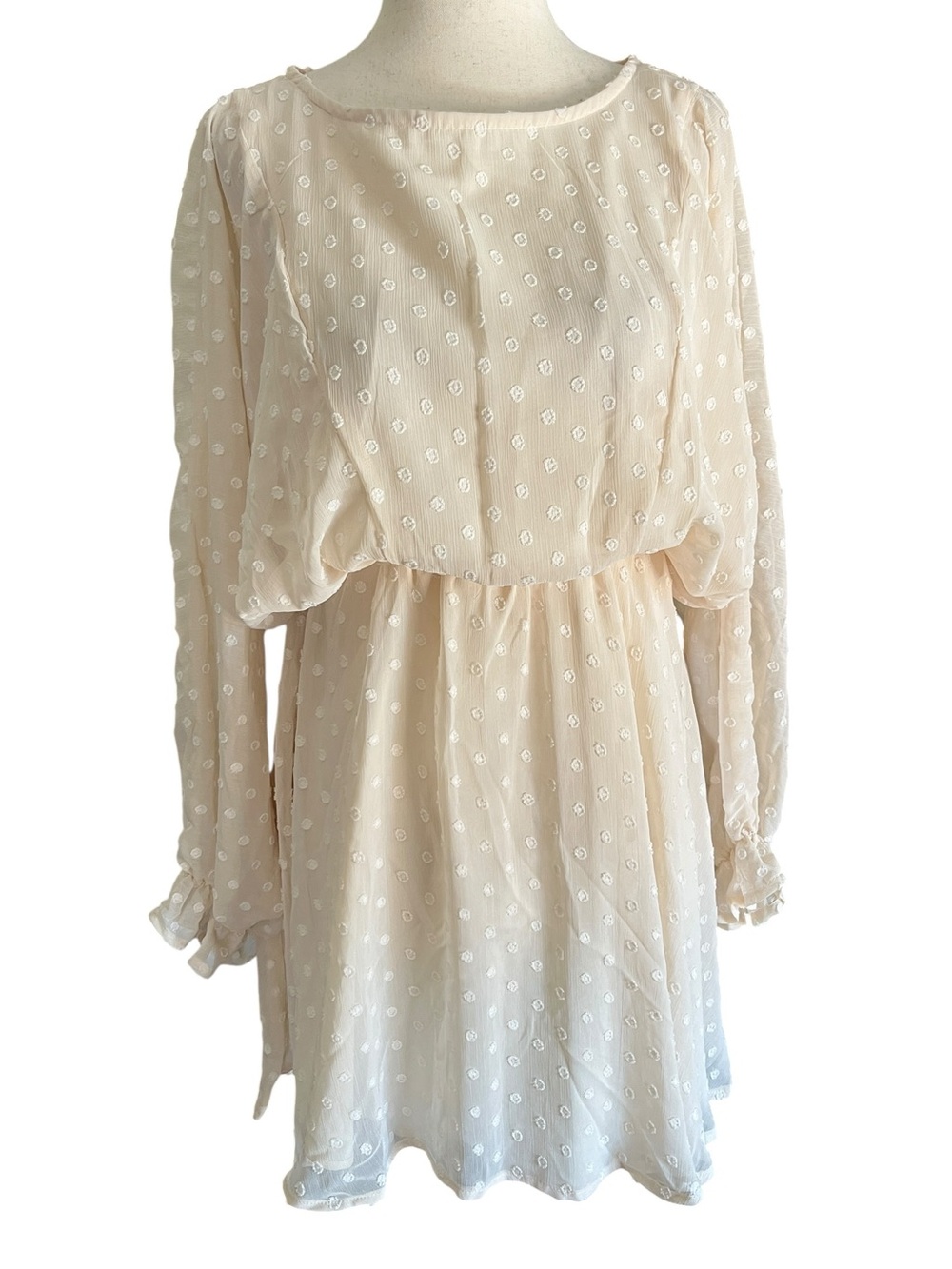 NWT Urban Outfitters Lumiere Swiss Dot Mini Dress Long Sleeves Cream